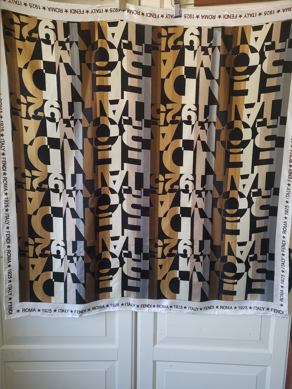 FENDI Silk Roma 1925 Graphic Logo Border Square Scarf Wrap Brown Black White